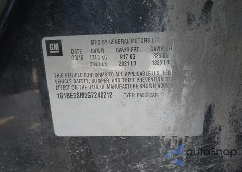 2016 Chevrolet Cruze Lt Auto from USA, damaged, VIN 1G1BE5SM5G7240212